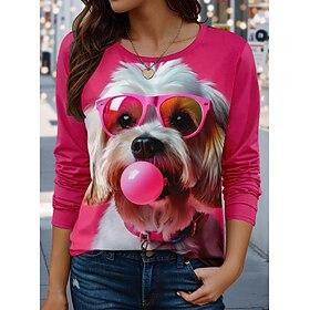 Dame T-shirt Afslappet Trykt mønster Langærmet Almindelige toppe Rund hals Daglig Lyserød Forår Efterår