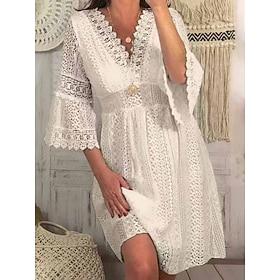 Dame Hvid kjole Mini kjole Blonder Patchwork Afslappet V-hals 3/4-ærmer Hvid Abrikos Farve