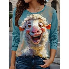 Dame T-shirt Afslappet Trykt mønster Langærmet Almindelige toppe Rund hals Daglig Blå Forår Efterår