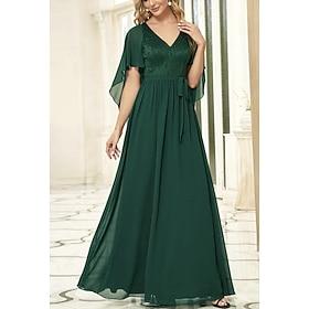 A-linje Kjole til brudens mor Elegant V-hals Gulvlang Polyester Halvlange ærmer med Sløjfe(r) 2024