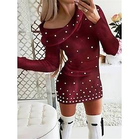 dames casual jurk mini jurk patchwork casual col lange mouw wijnkleur