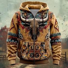 Men's Bandana Print Hoodies Hoodie Hooded Sweatshirt Hooded Fashion 3D Print Vacation Streetwear Brown Zipper Drawstring Fall Winter Designer