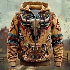 Men's Bandana Print Hoodies Hoodie Hooded Sweatshirt Hooded Fashion 3D Print Vacation Streetwear Brown Zipper Drawstring Fall Winter Designer