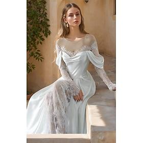 Brudekjoler A-linje Illusion hals Langærmet Gulvlang Satin Brudekjoler Med Blomst 2024