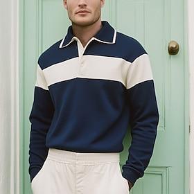 Herre Polo skjorter Golf polo skjorter Formel Arbejde Ribbet polokrave Langærmet Mode Bekvem Farveblok Knapper Sommer Forår Efterår Navyblå Polo skjorter