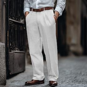 Herre Linnedbukser Bukser Sommerbukser Plisserede bukser Kjole Slacks Frontlomme Lige ben Vanlig Komfort Åndbart Forretning Afslappet Daglig Mode Basale Sort H