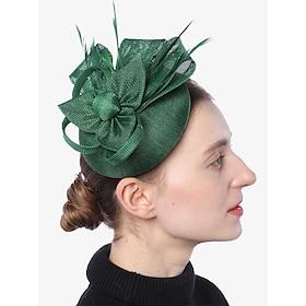 kvinders grønne fascinatorhat med sløjfe- og fjeraccenter – elegant hovedbeklædning til bryllupper, teselskaber og særlige lejligheder