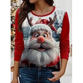Dames T-shirt Casual Afdrukken Lange mouw Normale tops Strakke ronde hals Kerstmis Dagelijks Rood Lente Winter