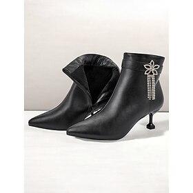 sorte ankelstøvler i imiteret læder til kvinder med rhinsten blomsterdekoration og killingehæle – elegant fodtøj til aftenarrangementer