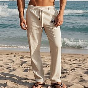 Herre Linnedbukser Bukser Sommerbukser Strandbukser Snørelukning Elastisk Talje Lige ben Kokos palme Komfort Åndbart Fuld længde Daglig Ferie Strand Ferie Mode