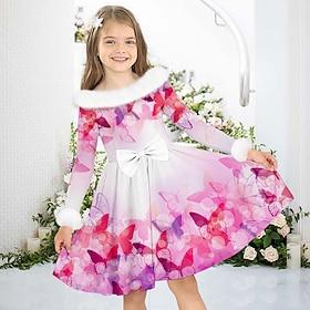 Girls' 3D Butterfly Dress Pink Long Sleeve 3D Print Fall Winter Sports  Outdoor Daily Holiday Cute Casual Beautiful Kids 3-12 Years Casual Dress Swing Dress A