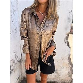 Dame Skjorte Bluse Basale Afslappet Langærmet Almindelige toppe V-hals Daglig Guld Forår Efterår