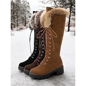 kvinders knæhøje snørestøvler i imiteret ruskind med manchetter i imiteret pels – stilfuldt vinterfodtøj med tyk sål