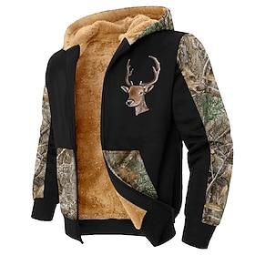Men's Camo / Camouflage Deer Fleece Hoodies Fashion Ethnic Cowboy Long Sleeve Hooded Party Hunting Black Brown Khaki Dark Blue Military Green Drawstring Fall W