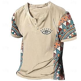 Men's Graphic Color Block Tribal T Shirt Henley Shirt Short Sleeve 3D Printing Designer Ethnic Classic Daily Outdoor Vacation Spring  Summer Blue Dark Brown Sk