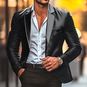 Herre Blazer Kontor Arbejde Gade Lomme Mode Afslappet Forår  Vinter Polyester Imiteret Læder Vanlig Lomme Afslappet / Hverdag Enradet Blazer Sort