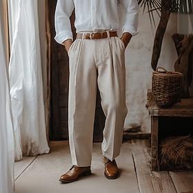 Herre Linnedbukser Bukser Sommerbukser Plisserede bukser Kjole Slacks Frontlomme Lige ben Vanlig Komfort Åndbart Afslappet Daglig Ferie Mode Basale Sort Hvid