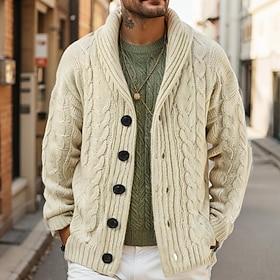 Herren Strickjacke Cardigan-Mantel Grobstricken Stricken Knopf hoch Kabel Feste Farbe Schalkragen Strickware Vintage Formal Party Bekleidung Drop-Schulter Herb
