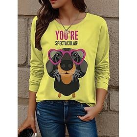 Dame T-shirt Mode Sød Stil Langærmet Almindelige toppe Rund hals Ferierejse I-byen-tøj Weekend Gul Forår Efterår Vinter