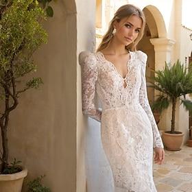 Brudekjoler A-linje V-hals Langærmet Gulvlang Blondelukning Brudekjoler Med Applikeret broderi 2024