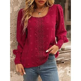 Dame Skjorte Bluse Basale Afslappet Blonder Langærmet Almindelige toppe Rund hals Daglig Rød Efterår Vinter