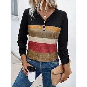 Dame T-shirt Afslappet Trykt mønster Langærmet Almindelige toppe V-hals Ferierejse Daglig Sort Forår  Vinter