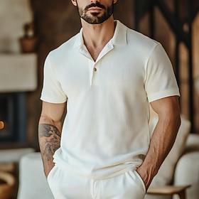 Herre Vaffel poloskjorter Golf polo skjorter Arbejde Afslappet Knaphul Ribbet polokrave Kortærmet Basale Moderne Farveblok Knapper Forår sommer Regulær Hvid Va