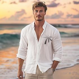 herre bomuldslinned skjorte palme udendørs ferie hvid blå langærmet turndown sommer forår tøj tøj