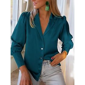 Dame Skjorte Bluse Basale Afslappet Langærmet Almindelige toppe Krave Daglig Sort Blå Beige Efterår Vinter