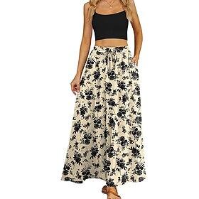 Dame Langt skørt Maxi Nederdele Patchwork Blomstret Grafisk I-byen-tøj Afslappet / Hverdag Sommer Polyester Elegant Årgang Blå Sort Blå Kakifarvet
