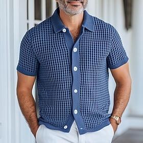 Herre Strik Polo Vaffelstrikket poloshirt Gade Afslappet Knap Klassisk Kortærmet Gamle penge stil Vanlig Knap foran Sommer Forår Efterår Blå Strik Polo