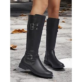 sorte knæhøje ridestøvler til kvinder med spændestropper og lav hæl – klassiske ridestøvler til hverdags- og udendørsbrug