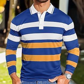 Herre Rugby polo skjorter Golf polo skjorter Afslappet Sport Knaphul Klassisk Langærmet Mode Basale Farveblok Stribe Stribe Efterår Vinter Regulær Sort Blå Lil