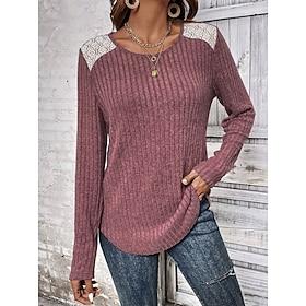 Dame Skjorte Bluse Basale Afslappet Blonder Langærmet Almindelige toppe Rund hals Daglig Rød Grå Efterår Vinter