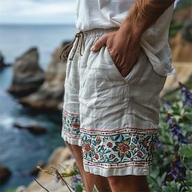 Herre Shorts Linneshorts Sommer shorts Strandshorts Patchwork Snørelukning Elastisk Talje Vanlig Åndbart Knælængde Ferierejse Ferie Strand Mode Afslappet Hvid