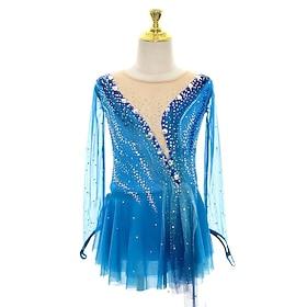 kunstskøjtekjole dame-pigers skøjtekjole blå høj elasticitet træningskonkurrence skøjtetøj klassisk krystal/rhinestone langærmet skøjteløb kunstskøjteløb