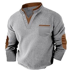 Men's Waffle Tee Waffle Henley Shirt Long Sleeve V Neck Spring   Fall Solid Color Fashion Basic Fake two piece Casual Street Sports Black White Burgundy Top Te