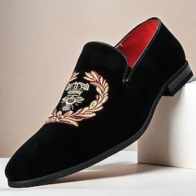 sorte fløjlsbroderede loafers til mænd med kongeligt kronedesign – luksuriøse slip-on dress-sko til formelle begivenheder og fester