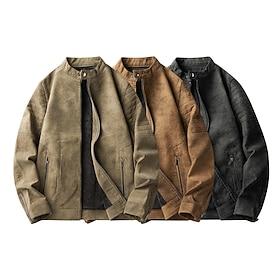 Men's Faux Leather Jacket Fleece Jacket Biker Jacket Vintage Leather Jacket Daily Vacation Windproof Warm Pocket Fall  Winter Plain Fashion Classic Stand Colla