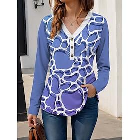 Dame T-shirt Mode Langærmet Almindelige toppe V-hals Daglig I-byen-tøj Weekend Blå Efterår Vinter