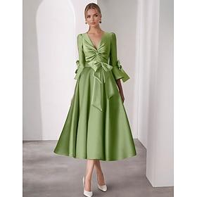 A-Line Tea Length Cocktail Dresses Party Dresses Elegant Silky 3/4 Length Sleeve V Neck Christmas Formal Satin with Bow(s) Ruched Butterfly