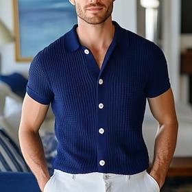 Herre Strik Polo Polo skjorter Gade Afslappet Knap Klassisk Kortærmet Gamle penge stil Vanlig Knap foran Sommer Forår Efterår Navyblå Strik Polo