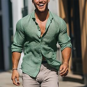 Herre linned skjorte Sommer skjorte Strand Tøj Casual skjorte Button Up skjorte Vanlig Ferierejse Afslappet Sort Hvid Lyserød Grøn Langærmet Knaphul Forår somm