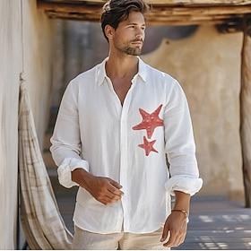 Herre Skjorte Skjorte i bomuldshør Søstjerne udendørs Ferierejse Hvid Himmelblå Langærmet Rullekrave Sommer Forår Tøj Knapper