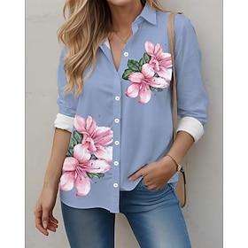 Dame Skjorte Afslappet Trykt mønster Langærmet Almindelige toppe Krave Arbejde Daglig Blå Forår Efterår Vinter