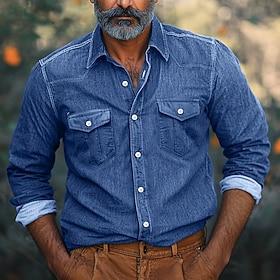 Men's Shirt Chambray Shirt Calico Shirt Casual Shirt Button Up Shirt Denim Shirt Black Navy Blue Blue Light Blue Long Sleeve Plain Collar Vacation Daily Clothi