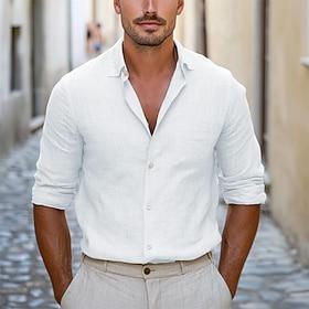 Herre linned skjorte Sommer skjorte Strand Tøj Casual skjorte Button Up skjorte Vanlig Ferierejse Afslappet Sort Hvid Lyserød Blå Langærmet Knaphul Forår somme