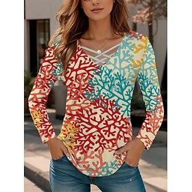 Dame T-shirt Tropisk Mode Langærmet Almindelige toppe V-hals I-byen-tøj Weekend Beige Forår Efterår Vinter