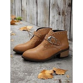 solbrune ankelstøvler til kvinder med nitterdetaljer og spændestrop – stilfulde westernstøvler med lav hæl til afslappet og hverdagsbrug