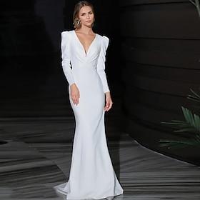 Brudekjoler Havfrue V-hals Langærmet Gulvlang Satin Brudekjoler Med Helfarve 2024